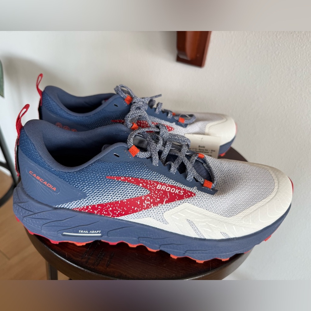Brooks Trail Running Shoes - White, Blue, and Red